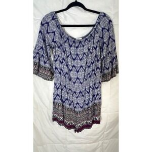Soprano Blue White Paisley Print Off Shoulder Bell Sleeve Romper Women's
